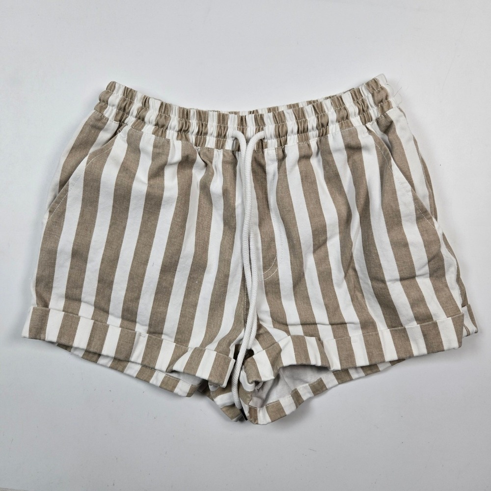 Forever 21 Womens XS Khaki White Striped Cotton Drawstring Casual Shorts Pocket